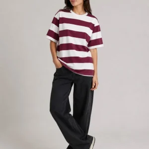 Kadın Çizgili Oversize Tişört Bisiklet Yaka Kısa Kol Yazlık T-Shirt - Bordo