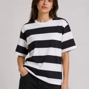 Kadın Çizgili Oversize Tişört Bisiklet Yaka Kısa Kol Yazlık T-Shirt - Siyah