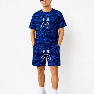 Erkek Oversize Kalıp Pubg Bape X Shark Nakışlı Cepli Şort Takım - Mavi