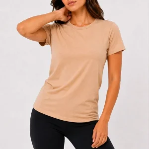 Kadın Basic Tişört Bisiklet Yaka Kısa Kol Günlük Yazlık Slim fit T-Shirt - Bej