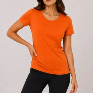 Kadın Basic Tişört Bisiklet Yaka Kısa Kol Günlük Yazlık Slim fit T-Shirt - Turuncu