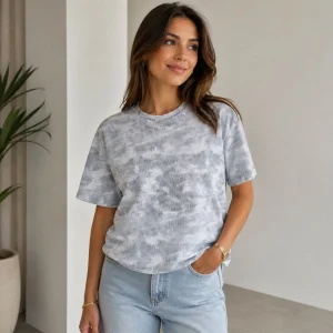 Kadın Batik Desenli Tişört Bisiklet Yaka Kısa Kol Regular Fit T-shirt - Gri
