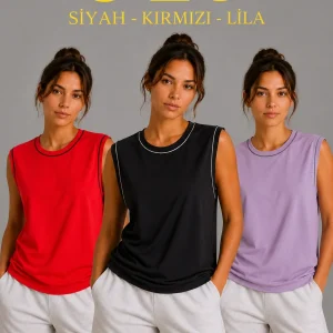 Kadın 3’lü Kolsuz Sporcu Atlet Seti Yazlık Bisiklet Yaka - Siyah, Kırmızı, Lila