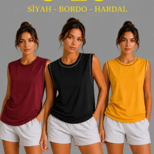 Kadın 3’lü Kolsuz Sporcu Atlet Seti Yazlık Bisiklet Yaka - Siyah, Bordo, Hardal