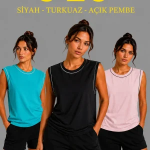Kadın 3’lü Kolsuz Sporcu Atlet Seti Yazlık Bisiklet Yaka - Siyah, Turkuaz, Pembe