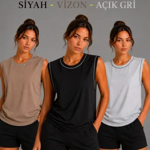 Kadın 3’lü Kolsuz Sporcu Atlet Seti Yazlık Bisiklet Yaka - Siyah, Kahverengi, Gri