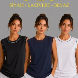 Kadın 3’lü Kolsuz Sporcu Atlet Seti Yazlık Bisiklet Yaka - Siyah, Lacivert, Beyaz