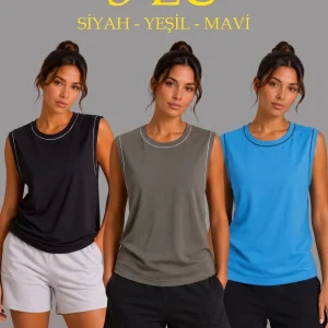 Kadın 3’lü Kolsuz Sporcu Atlet Seti Yazlık Bisiklet Yaka - Siyah, Haki, Mavi