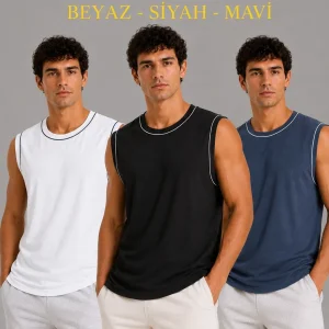 Erkek 3’lü Kolsuz Sporcu Atlet Seti Yazlık Bisiklet Yaka - Siyah, Beyaz, İndigo