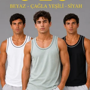 Erkek 3’lü Kolsuz Sporcu Atlet Seti Yazlık Bisiklet Yakalı - Mint Yeşili, Siyah, Beyaz