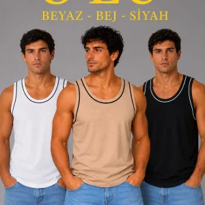 Erkek 3’lü Kolsuz Sporcu Atlet Seti Yazlık Bisiklet Yakalı - Siyah, Bej, Beyaz
