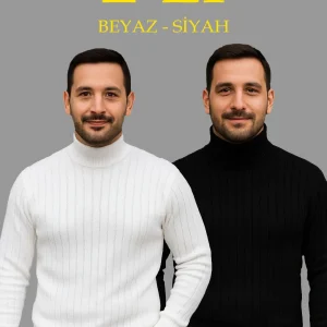 Erkek Fitilli Kazak Tam Boğazlı Balıkçı Yaka Triko 2'li Set Beyaz-Siyah
