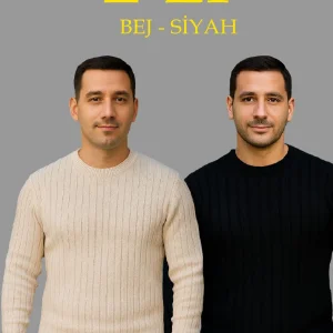 Erkek Fitilli Triko Kazak 2’li Set Bej Beyaz Kalın Dokuma Pamuklu Regular Fit Bisiklet