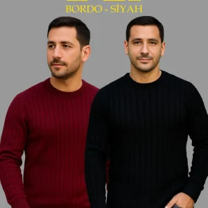 Erkek Fitilli Triko Kazak 2’li Set Siyah Bordo Kalın Dokuma Pamuklu Regular Fit Bisiklet