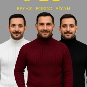 Erkek Fitilli Kazak Tam Boğazlı Balıkçı Yaka Triko 3'lü Set Beyaz-Bordo-Siyah