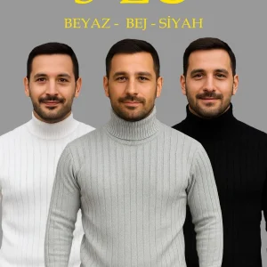 Erkek Fitilli Kazak Tam Boğazlı Balıkçı Yaka Triko 3'lü Set Beyaz-Gri-Siyah