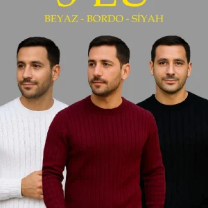 Erkek Fitilli Triko Bisiklet Yaka Kalın Kazak 3'lü Set Beyaz-Bordo-Siyah