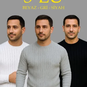 Erkek Fitilli Triko Bisiklet Yaka Kalın Kazak 3'lü Set Beyaz-Gri-Siyah