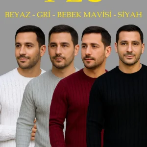 Erkek Fitilli Triko Bisiklet Yaka Kalın Kazak 4'lü Set Beyaz-Bordo-Gri-Siyah