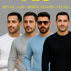 Erkek Fitilli Triko Bisiklet Yaka Kalın Kazak 4'lü Set Beyaz-Bebek Mavisi-Gri-Siyah