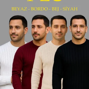 Erkek Fitilli Triko Bisiklet Yaka Kalın Kazak 4'lü Set Beyaz-Bebek Mavisi-Gri-Siyah