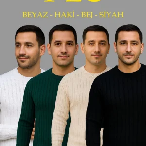 Erkek Fitilli Triko Bisiklet Yaka Kalın Kazak 4'lü Set Beyaz-Haki-Bej-Siyah