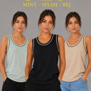 Kadın 3’lü Kolsuz Sporcu Atlet Seti Yazlık Bisiklet Yakalı - Mint Yeşili, Siyah, Bej