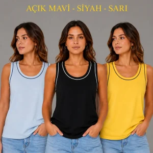 Kadın 3’lü Kolsuz Sporcu Atlet Seti Yazlık Bisiklet Yakalı - Sarı, Siyah, Bebe Mavisi