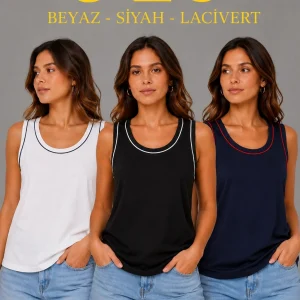 Kadın 3’lü Kolsuz Sporcu Atlet Seti Yazlık Bisiklet Yakalı - Siyah, Lacivert, Beyaz