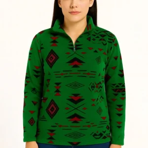 Kadın Yarım Fermuarlı Desenli Polar Sweat Tribal Etnik Desen Yakalı Uzun Kollu - Yeşil