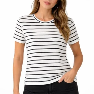 Kadın Çizgili Yazlık Triko T-Shirt Bisiklet Yaka Rahat Kalıp Tişört - Beyaz
