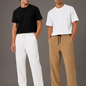 Erkek 2'li Bürümcük Kumaş Beli Lastikli Bağcıklı Bol Paça Pantolon - Beyaz/Vizon