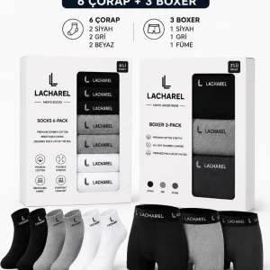 Erkek 9'Lu İç Giyim Seti Pamuklu 3 Boxer 6 Çorap Çoklu Paket - Siyah - Füme - Gri - Beyaz