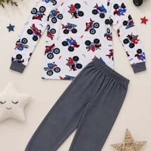 Erkek Çocuk Premium Penye Canavar Araba Desenli Uzun Kollu Pijama Takımı 2-11 Yaş - Füme