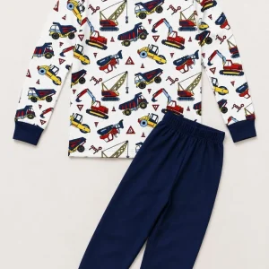 Erkek Çocuk Premium Penye İş Makinesi Desenli Uzun Kollu Pijama Takımı 2-11 Yaş - Lacivert