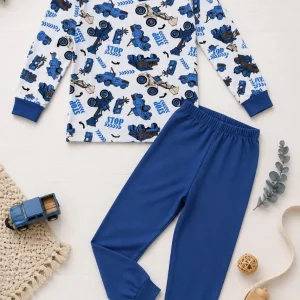 Erkek Çocuk Premium Penye İş Makinesi Desenli Uzun Kollu Pijama Takımı 2-11 Yaş - Mavi