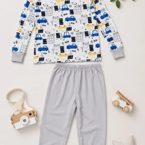 Erkek Çocuk Premium Penye Uzun Kollu Desenli Pijama Takımı 2-11 Yaş - Gri