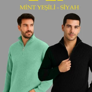 Erkek Fitilli Triko Kazak 2’li Set Mint Yeşili Siyah Kalın Dokuma Pamuklu Regular Fit V