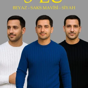 Erkek Fitilli Triko Bisiklet Yaka Kalın Kazak 3'lü Set Beyaz-Saks Mavisi-Siyah