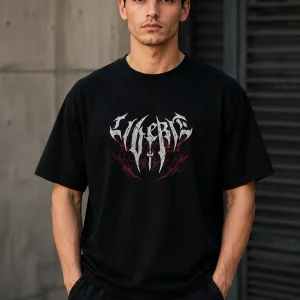 Erkek Gotik Yazı Baskılı Oversize Bisiklet Yaka T-Shirt - Siyah