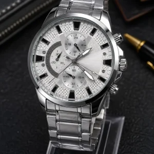 Erkek Gümüş Renk Metal Kordon Analog Kol Saati 24 Saat Takvim Göstergeli Gri Kadran - Gümüş