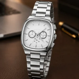 Erkek Gümüş Renk Metal Kordon Analog Kol Saati Çok Fonksiyonlu Beyaz Kadran - Gümüş