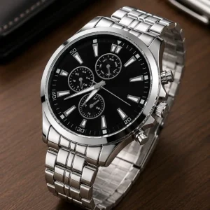 Erkek Gümüş Renk Metal Kordon Analog Kol Saati Takvim Göstergeli Siyah Kadran - Gümüş