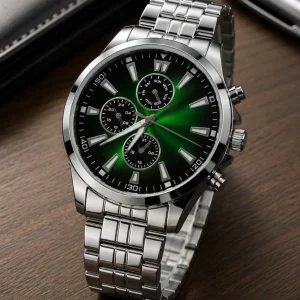 Erkek Gümüş Renk Metal Kordon Analog Kol Saati Takvim Göstergeli Yeşil Siyah Kadran - Gümüş