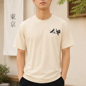 Erkek Ön ve Arka Tokyo Kuş Çiçek Baskılı Oversize T-Shirt - Ekru