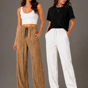 Kadın 2'li Bürümcük Kumaş Beli Lastikli Bağcıklı Bol Paça Pantolon - Beyaz/Vizon