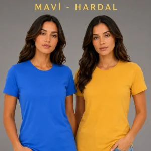 Kadın Basic Bisiklet Yaka Yazlık Slim fit T-Shirt - Mavi & Hardal Sarısı