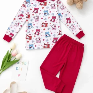 Kız Çocuk Premium Penye Ayıcık Desenli Uzun Kollu Pijama Takımı 2-11 Yaş - Kırmızı