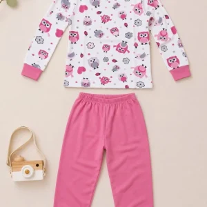 Kız Çocuk Premium Penye Baykuş Desenli Uzun Kollu Pijama Takımı 2-11 Yaş - Pembe