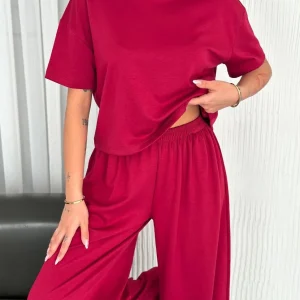 Kadın Osy Modal Bisiklet Yaka Tişört Bol Paça Pantolon İkili Takım - Bordo
